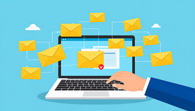 Email marketing concept, businessman sending emails from laptop with flying envelopes around, communication and data transfer
