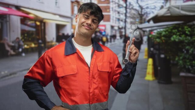 Young hispanic man in orange work uniform holding a wrench up and pointing index finger with hand on hip on a busy street lined with cafes; confidence craftsmanship.