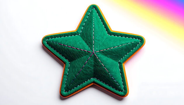Emerald green textured star patch with orange border and stitched details, isolated on white with rainbow gradient background
