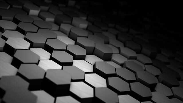 Dark hexagonal 3D tile surface with deep perspective, monochrome modular texture, and clean abstract technology pattern on black background. Futuristic design.