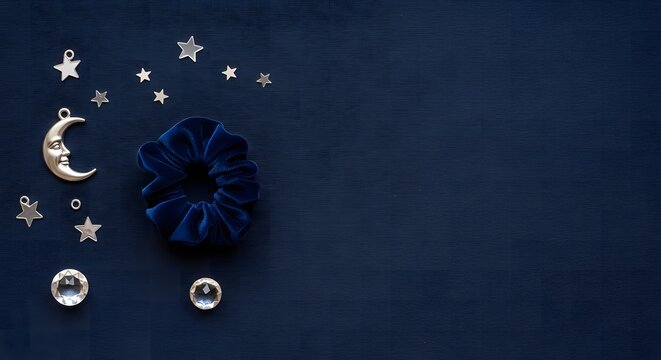 Dark blue velvet scrunchie with celestial charms and crystals on textured background