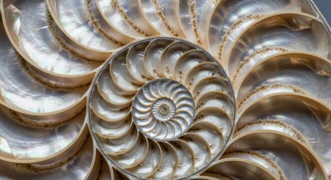 Nautilus shell spiral, fossilized ammonite, metallic sheen, natural wonder