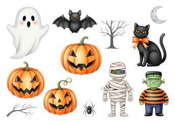 Obraz premium highly detailed photorealistic flat lay of whimsical watercolor clip art: ghost, cat with orange ribbon, bat, mummy, and pumpkins on a transparent background. concept for commercial halloween graphics