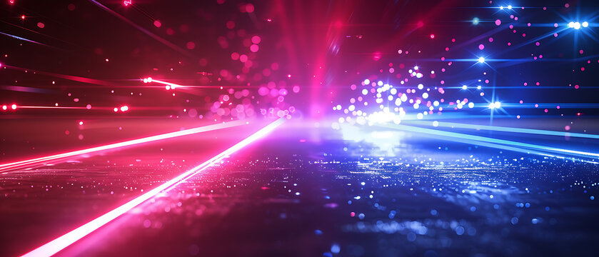 Ultra wide abstract glowing red and blue light rays providing dark tech copy space for election broadcast digital streaming presentation background