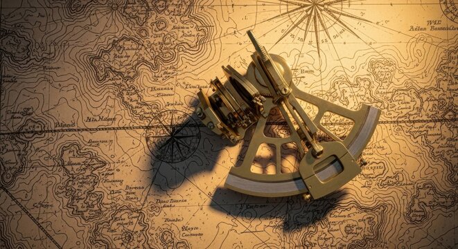 Vintage brass sextant, antique navigation instrument, old map background, golden lighting