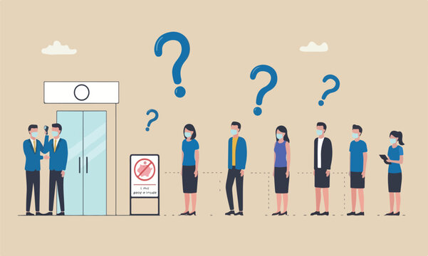 New normal distancing bank COVID-19 Coronavirus era, people wearing face mask wait in line keep distance away and checking body temperature before entering store and limit people inside