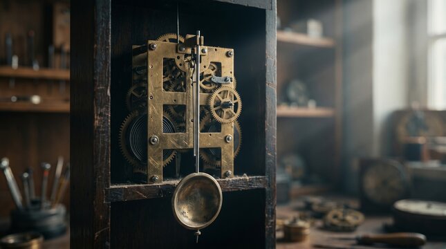 Cinematic close up of vintage brass clock mechanism in a moody workshop