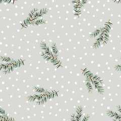Obraz premium Christmas seamless pattern, green fir twigs, snow, gray background. Vector illustration. Nature design. Season greeting. Winter forest. Xmas holidays