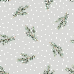 Christmas seamless pattern, green fir twigs, snow, gray background. Vector illustration. Nature design. Season greeting. Winter forest. Xmas holidays © ojardin