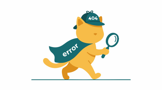 Vector illustration of a cat detective with '404 error' theme and magnifying glass