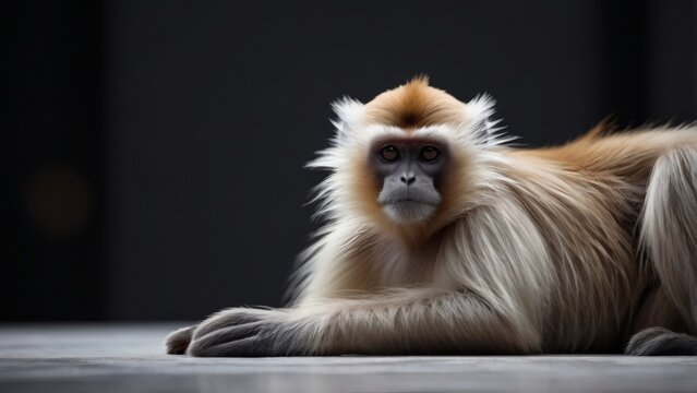 A golden langur monkey resting on a flat surface looking towards the camera