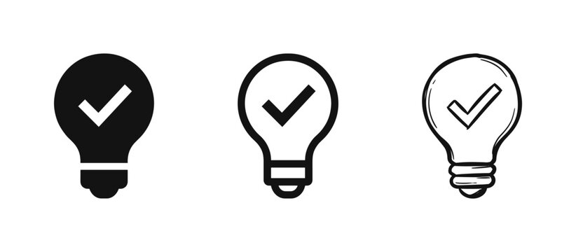 Light Bulb with Checkmark Icons Representing Smart Valid Solution and Success