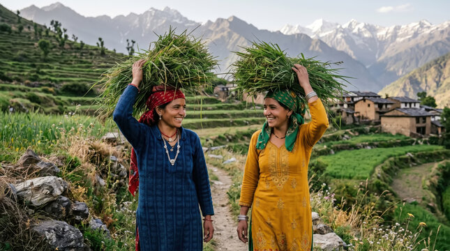 Two women carrying bundles of grass on their heads in a mountainous village