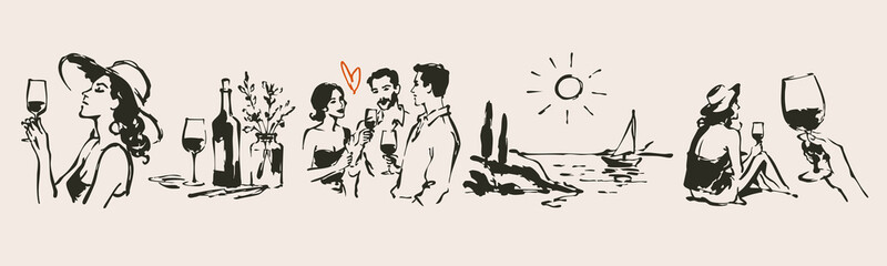 Fototapeta premium People enjoying wine, glasses, bottle, sea, sun. Celebrating, toasting, vacation, summer concept. Hand drawn trendy Vector illustration. Isolated design elements