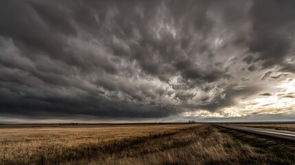 Obraz premium Wide open prairie landscape under a massive swirling storm sky with a lonely road, creating a powerful background for themes of journey and solitude.