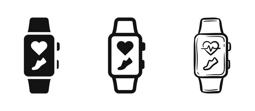 Fitness tracker smartwatch icon set featuring heart rate and step counter in three different design styles.