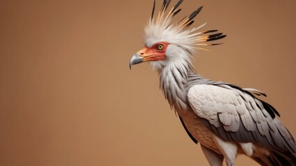Fototapeta premium A close-up portrait of a secretary bird standing against a plain brown background.