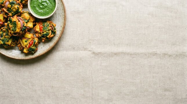 Top view of indian vegetable pakoras or fritters served with green chutney on a plate over a linen tablecloth background