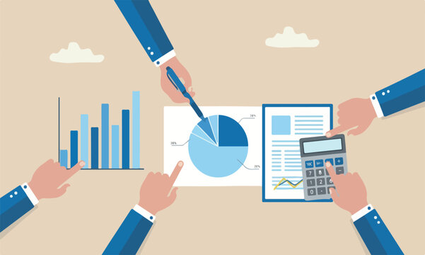 Finance, business, teams together pillars hand holding pen reviewing pie chart and graph information report with calculator on office desk
