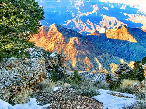 Snow patches and sunlight on Grand Canyon cliffs, Grand Canyon National Park, Arizona, USA - January 2012