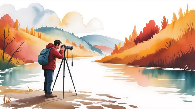 Man with camera and tripod on river bank admiring colorful autumn scenery