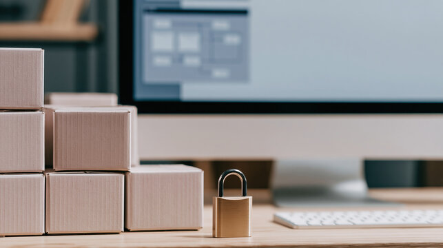 Cardboard box shipment padlock security supply chain software concept developer generic