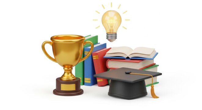 Education success concept with graduation cap, trophy and books