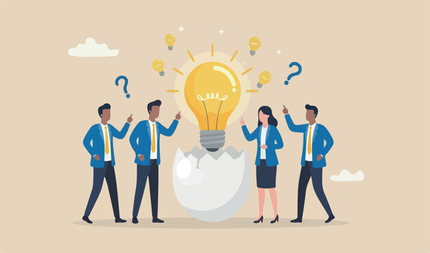 New creative idea, innovation or solution for business, entrepreneurship or startup concept, businessman meeting team entrepreneur discover hatching egg with lightbulb idea inside