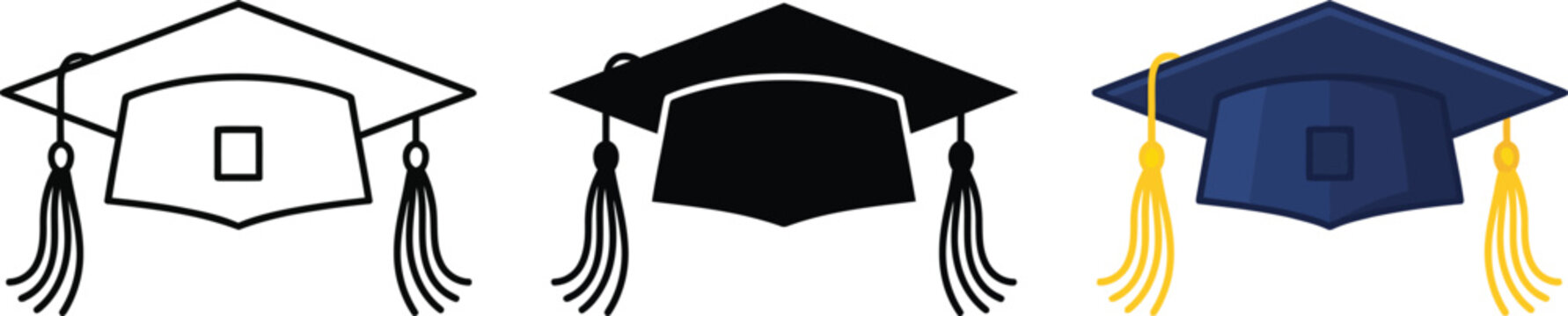 Graduation cap mortarboard education icon collection black outline silhouette flat color vector illustration isolated on white