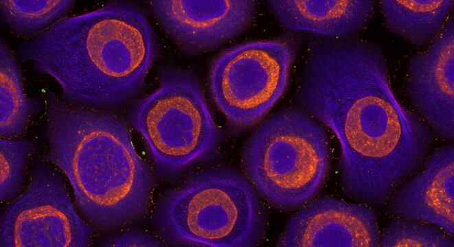 Microscopic view of animal cells with nuclei and vibrant organelles.
