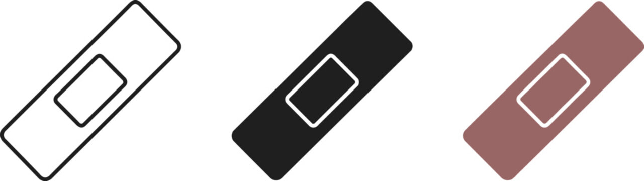 Medical adhesive bandage plaster icon collection black outline and brown silhouette flat vector illustration isolated on white background