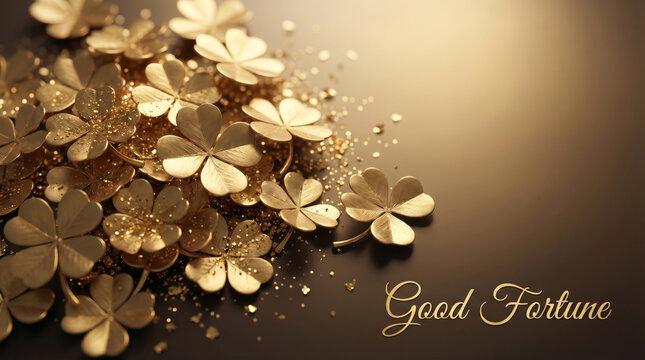 Golden Clover Sparkle: A rich collection of golden four-leaf clovers scattered across a dark, reflective surface, exuding an aura of good fortune and prosperity.