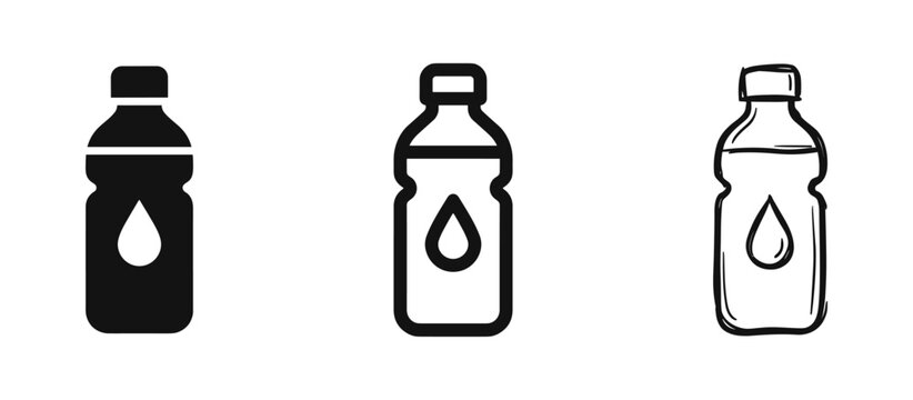 Plastic water bottle icon with drop symbol in three different design styles