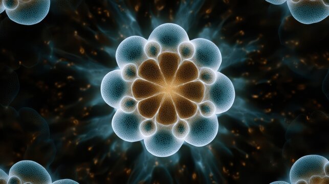 A digital, symmetrical fractal design resembling glowing interconnected spheres with a central flower-like structure on a dark, cosmic background.