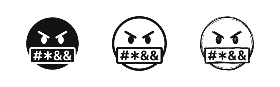 Angry swearing emoji icon with censored mouth symbols in three styles