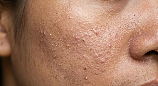 Detailed view of facial skin affected by severe acne breakouts and comedones
