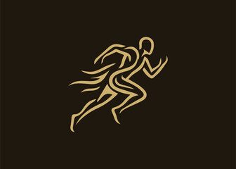 Fototapeta premium Running Man Logo Vector Dark Background Gold Athlete Speed Brand Design