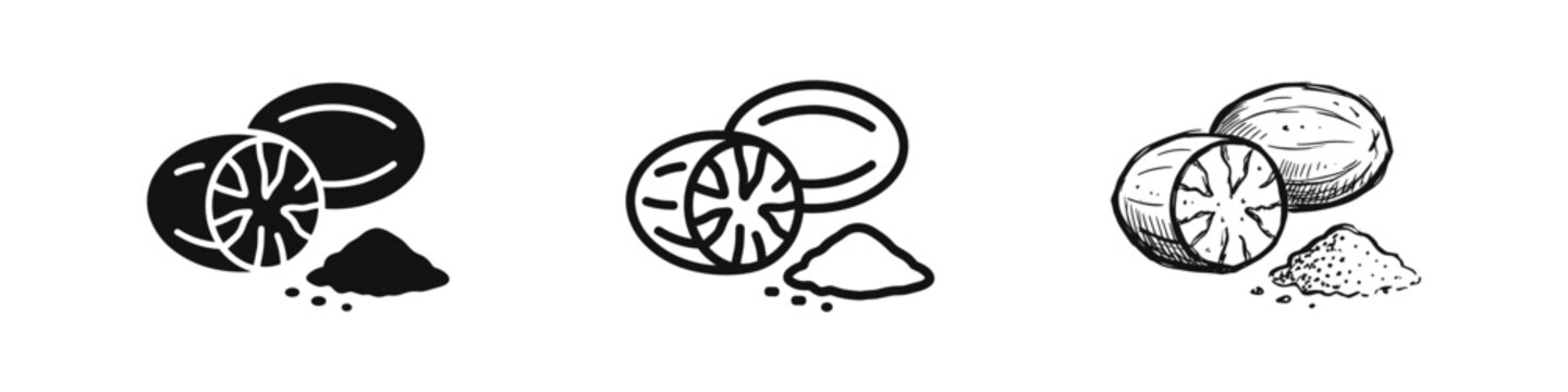 Nutmeg spice icon showing whole seed and powder in three styles