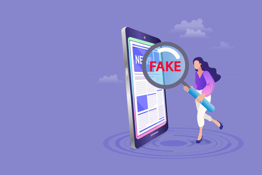 Fake news detection and fact checking concept with woman holding magnifying glass. Female character verifying online information on smartphone screen, media literacy, disinformation warning