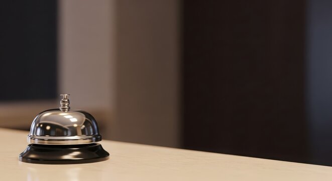 Polished Silver Reception Bell on Counter, Signaling for Service and Assistance