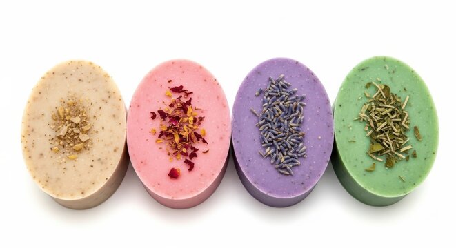 Four different colorful handmade organic soaps with dried flowers and herbs isolated on white background