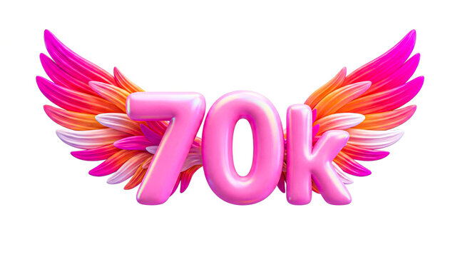 70K Followers Milestone with Pink Angel Wings &ndash; 3D Social Media Celebration Render