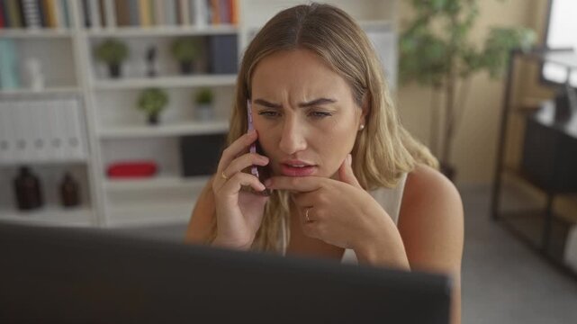 Woman holding smartphone to ear, hand gesturing while looking at monitor and computer screen at desk in office surrounded by bookshelf and plants; remote work concern.