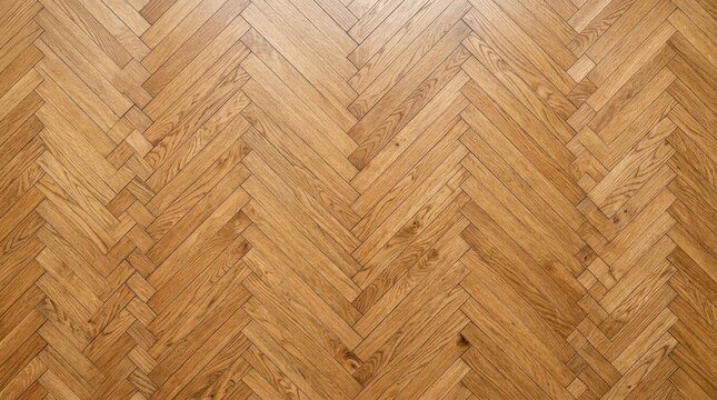 A close-up shot of a herringbone parquet wood floor. The floor features a rich, warm brown color with distinct wood grain patterns.