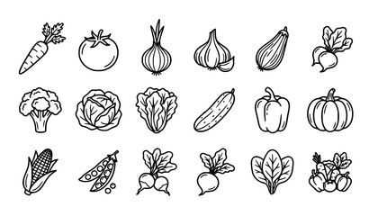 Fototapeta premium Black and White Vegetable Icons Featuring Carrots Tomatoes Broccoli and Garden Produce