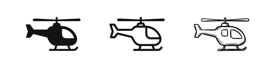 Helicopter Icon Set in Solid Outline and Hand Drawn Styles for Aviation and Travel Design © drawing lines