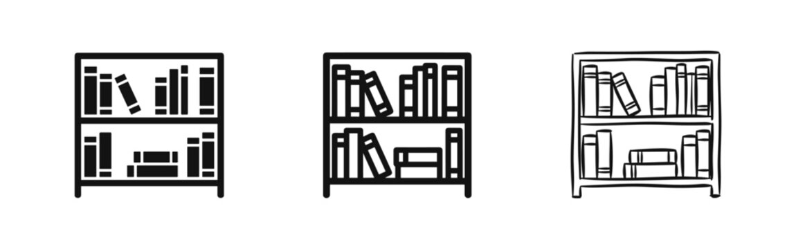 Bookshelf and Library Icon Set in Solid Outline and Hand Drawn Styles for Education and Reading Design