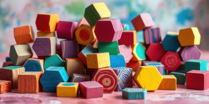 A colorful collection of hexagonal and square wooden blocks arranged in a haphazard pile.