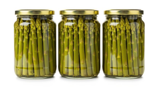 Three glass jars of pickled asparagus isolated on white background