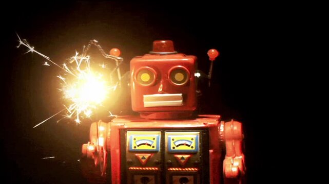 red retro robot with a star sparkler 